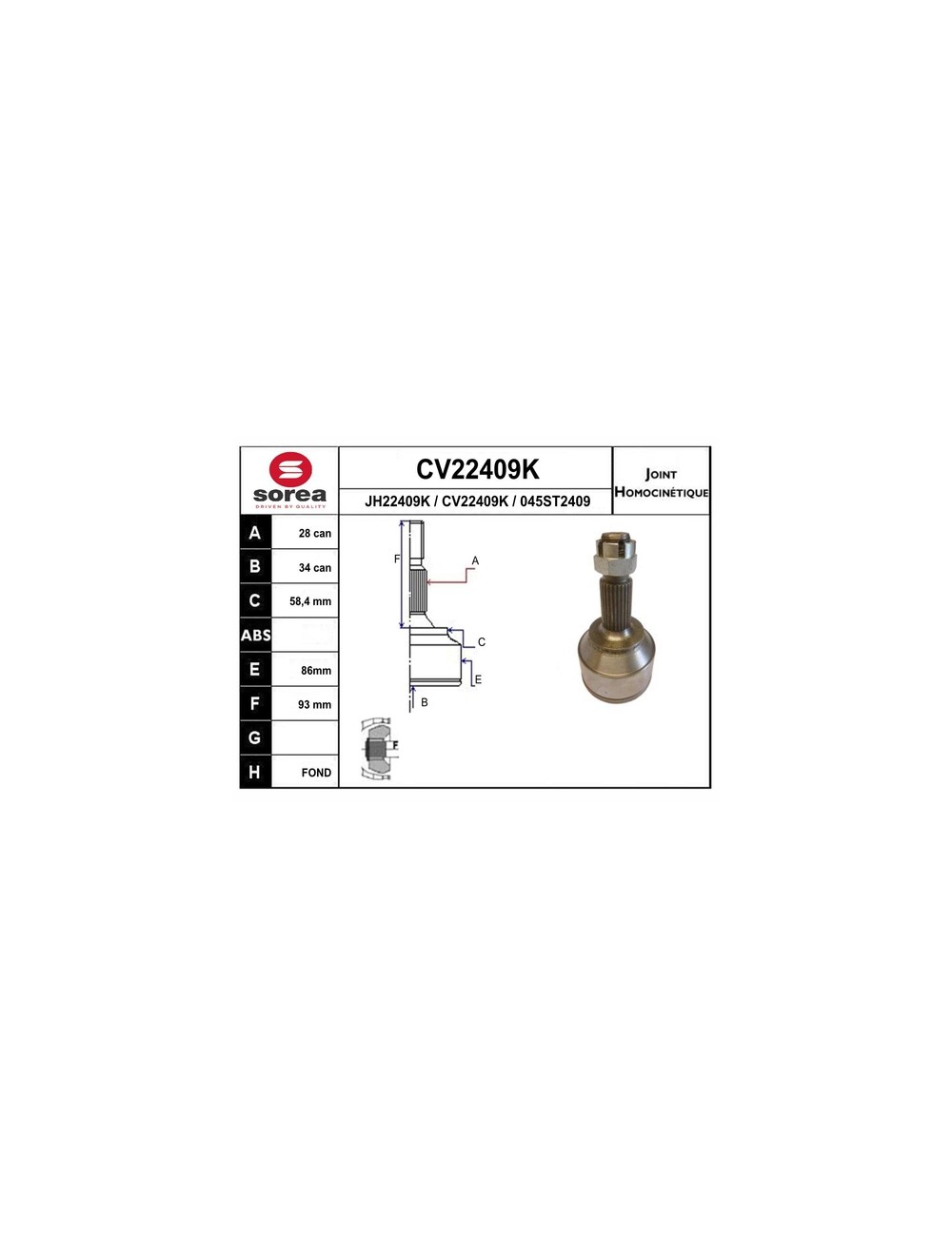 KIT CV JOINT AVEC KR123 / 407 KIT CV JOINT AVEC KR123 / 407